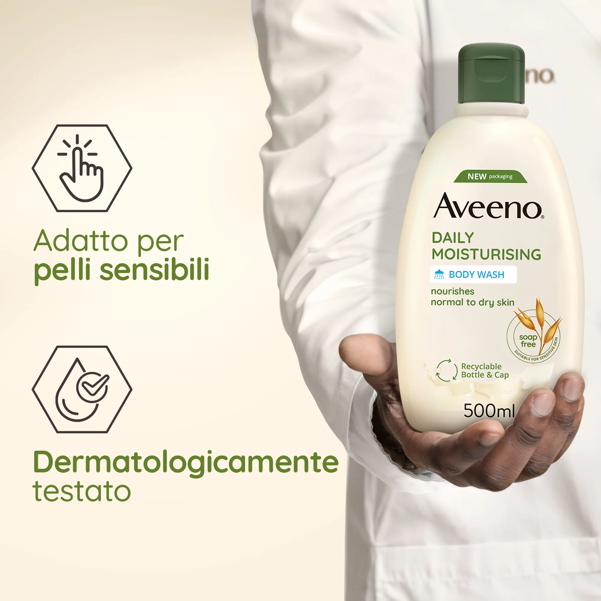 Aveeno Daily Moisturising Detergente Corpo 500 ml Bagnoschiuma Per Pelli da Normali a Secche