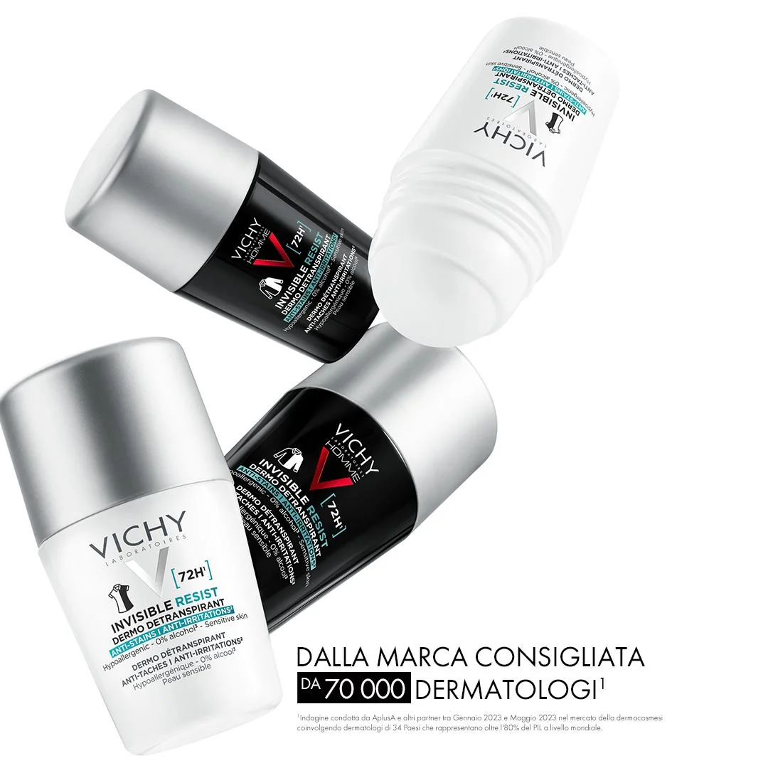 Vichy Homme Deodorante Roll-On Invisibile 72H, 50 Ml Freschezza Duratura