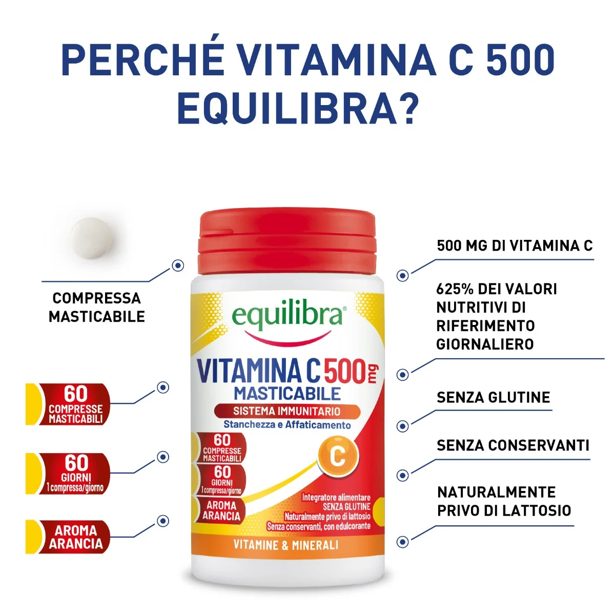 Equilibra Vitamina C 500 mg 60 Compresse Masticabili Integratore per Sistema Immunitario