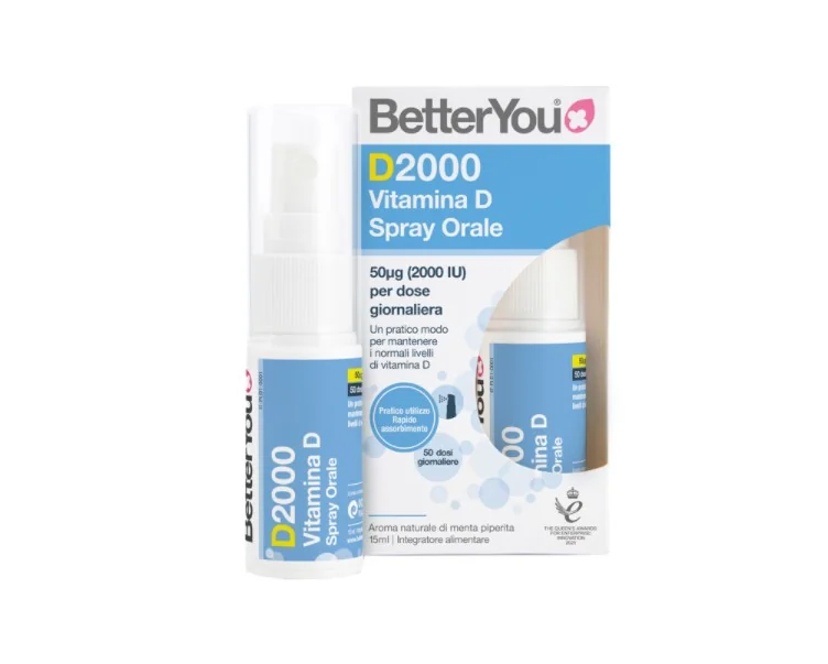 Betteryou D2000 Vitamina D Spray Orale 15 ml Sistema Immunitario, Denti e Ossa