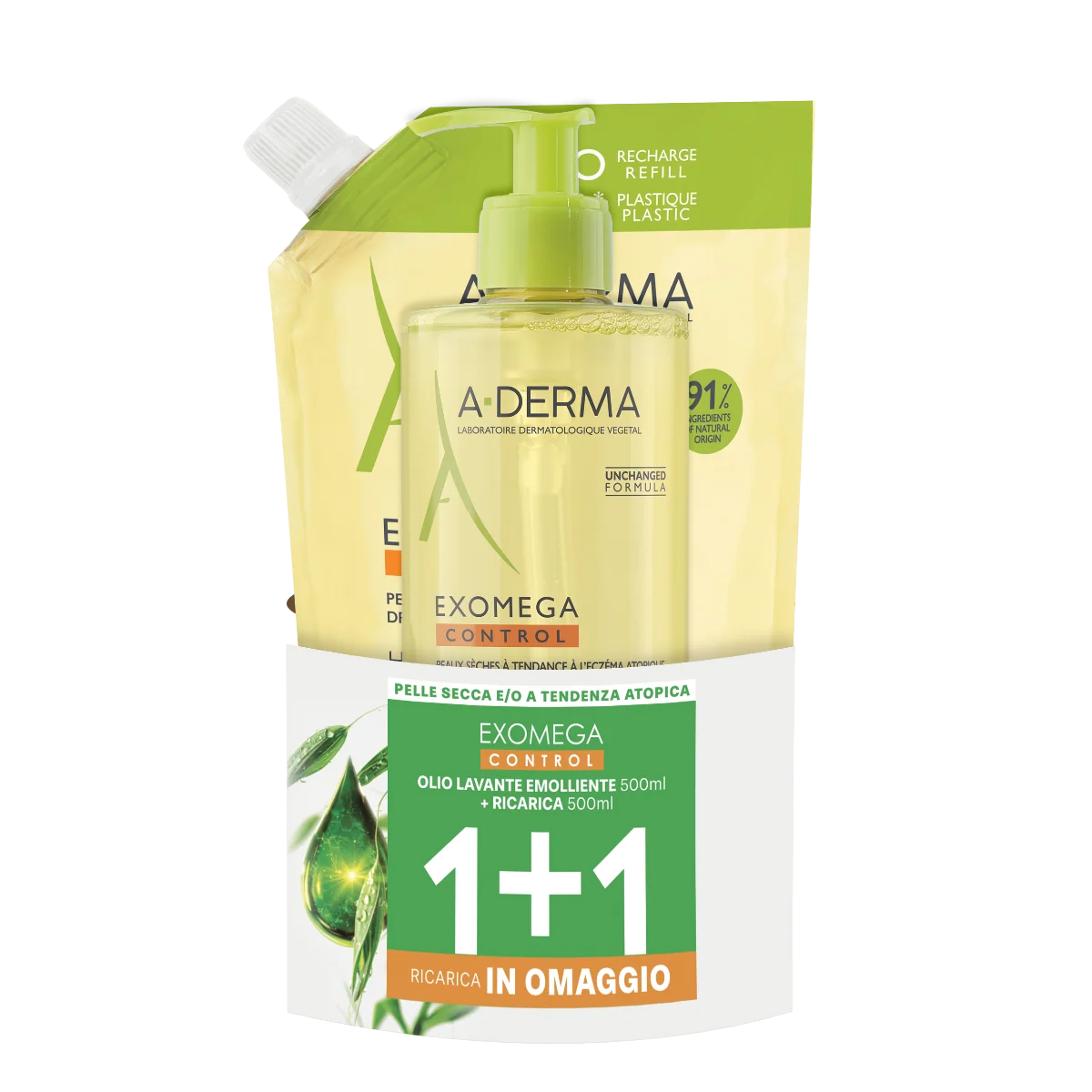 A-Derma Exomega control Special Pack 1+1 Olio lavante emolliente 500ml + Eco ricarica 500 ml IN OMAGGIO