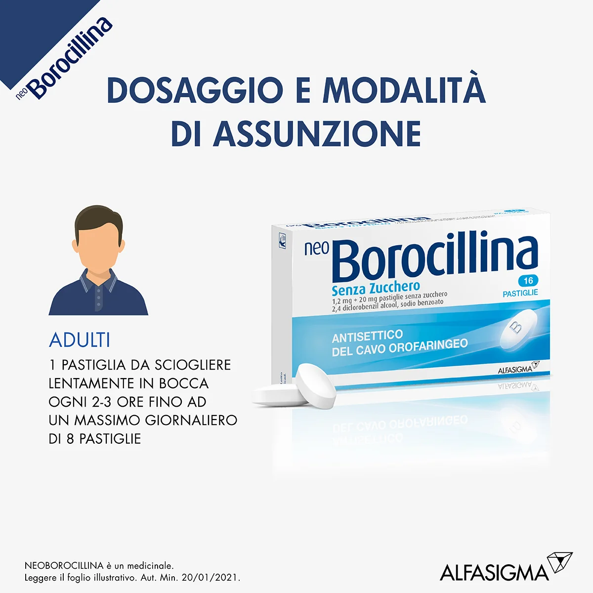 Neoborocillina Senza Zucchero 1,2mg + 20mg Antisettico 16 Pastiglie