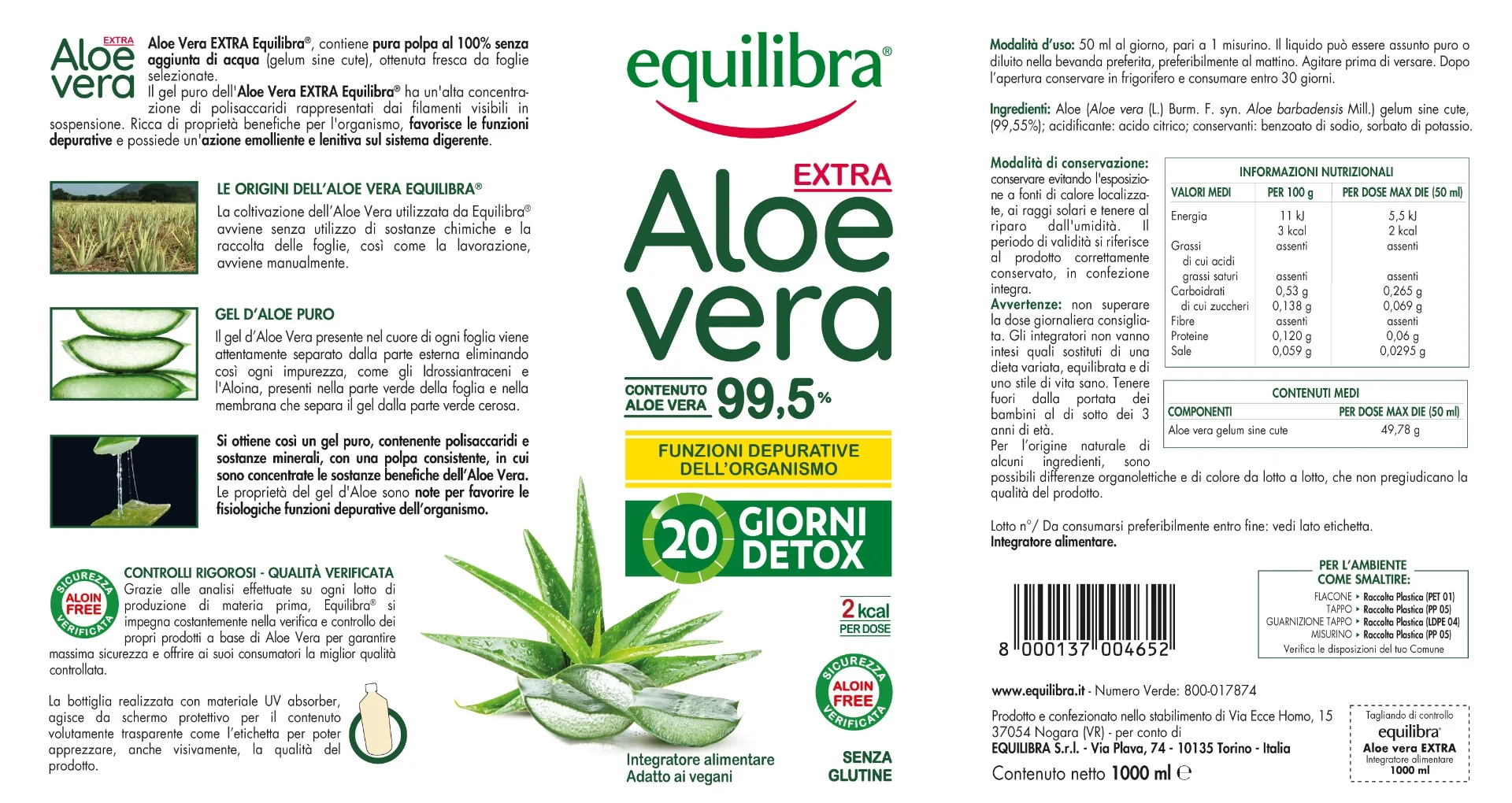 Equilibra Aloe Vera Extra 99,5% 1 L Azione Depurativa e Digestiva