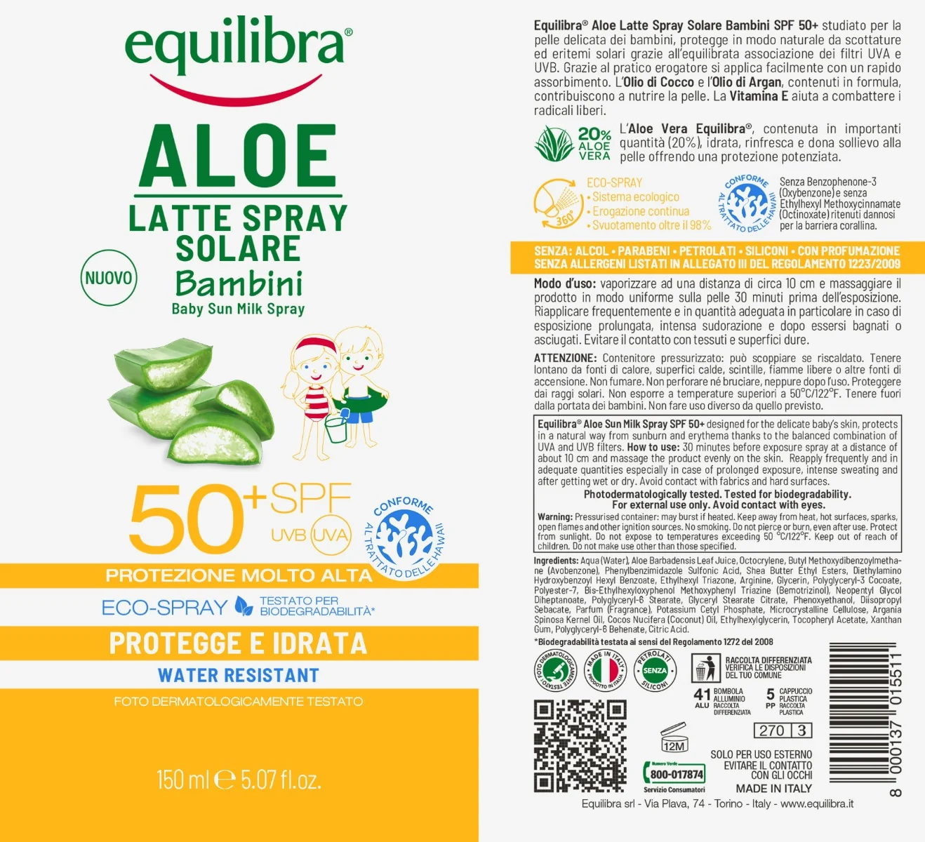 Equilibra Aloe Latte Spray Solare Bimbo 50+ 150 ml Protezione Bambini