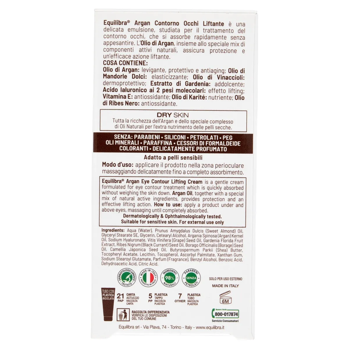 Equilibra Argan Contorno Occhi 15 Ml Effetto liftante