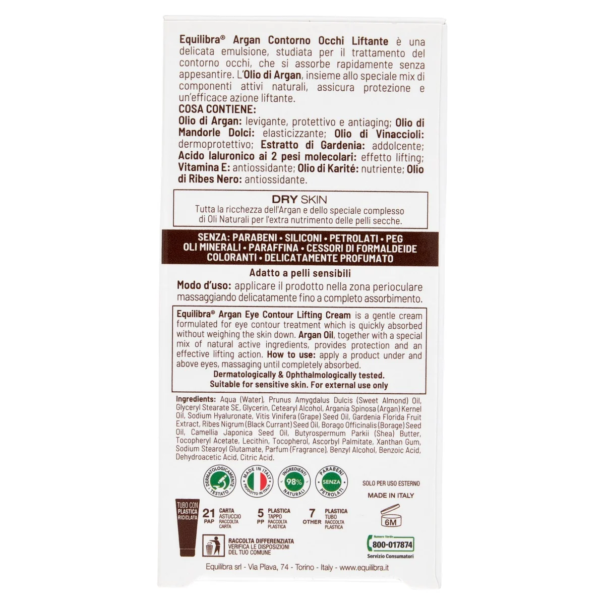 Equilibra Argan Contorno Occhi 15 Ml Effetto liftante