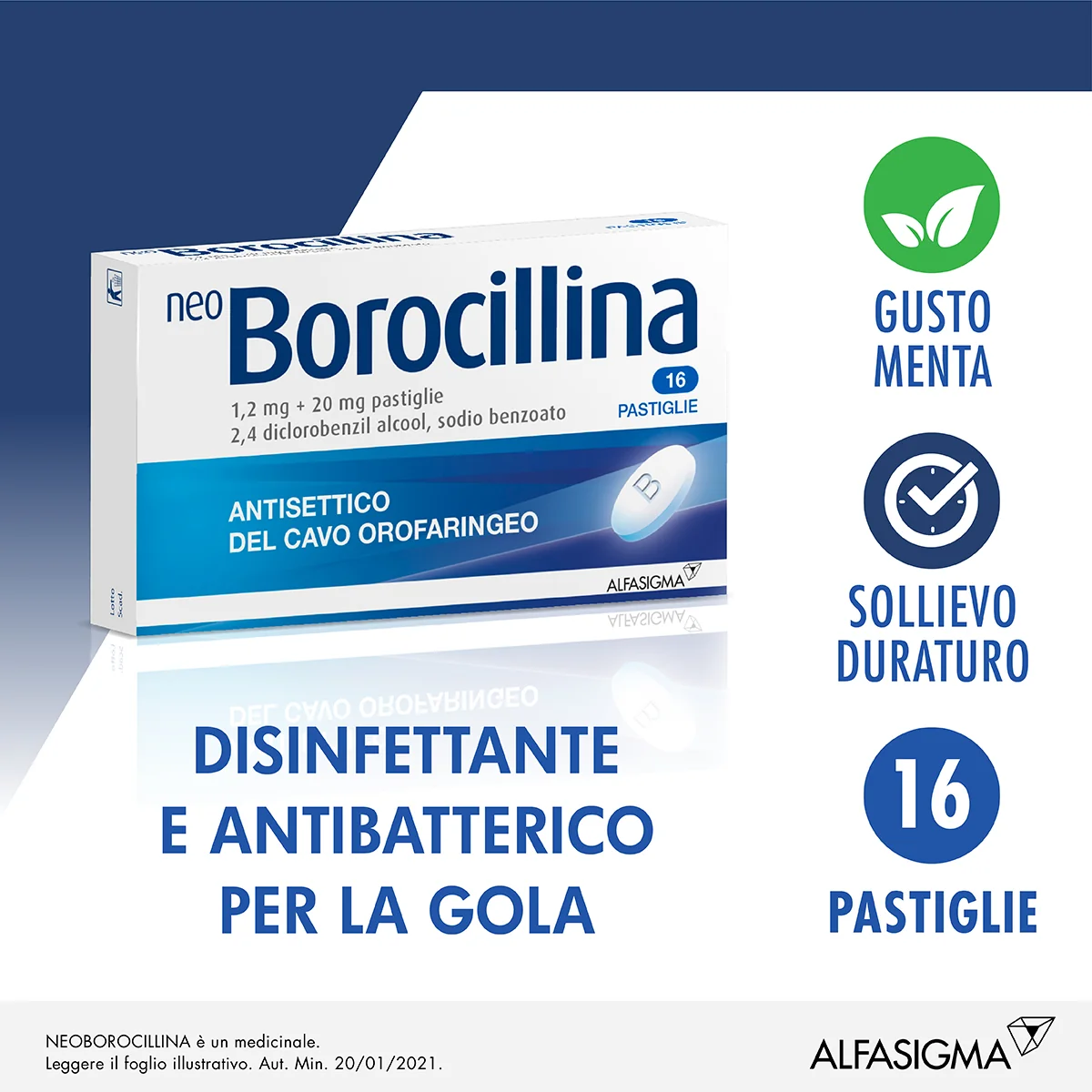 Neo Borocillina 1,2 mg + 20 mg 16 Pastiglie Antisettico Del Cavo Orofaringeo