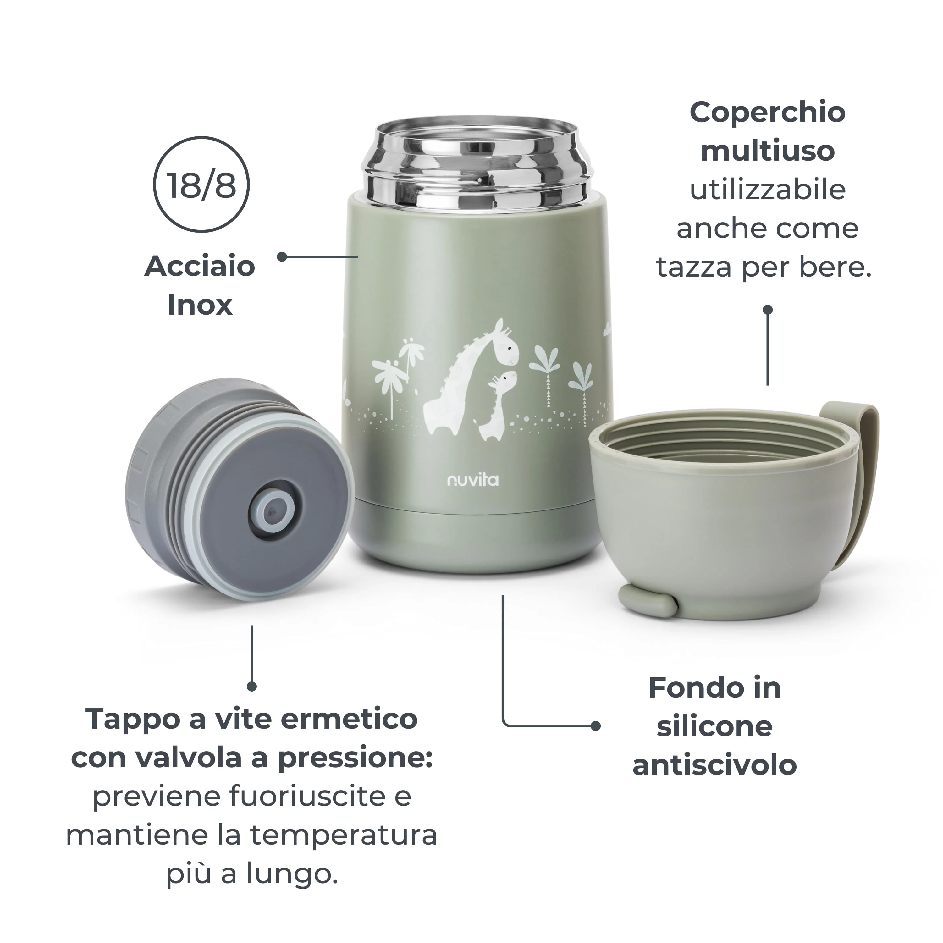 Sage Green Contenitore Termico con Manico in Silicone per Cibi Liquidi e Solidi 620 ml Contenitore Isotermico