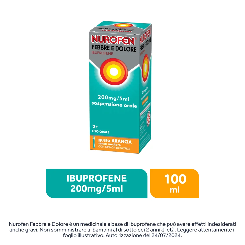 Nurofen Febbre e Dolore Bambini 200 mg/5 ml Ibuprofene Sospensione Orale Arancia 100 ml Febbre