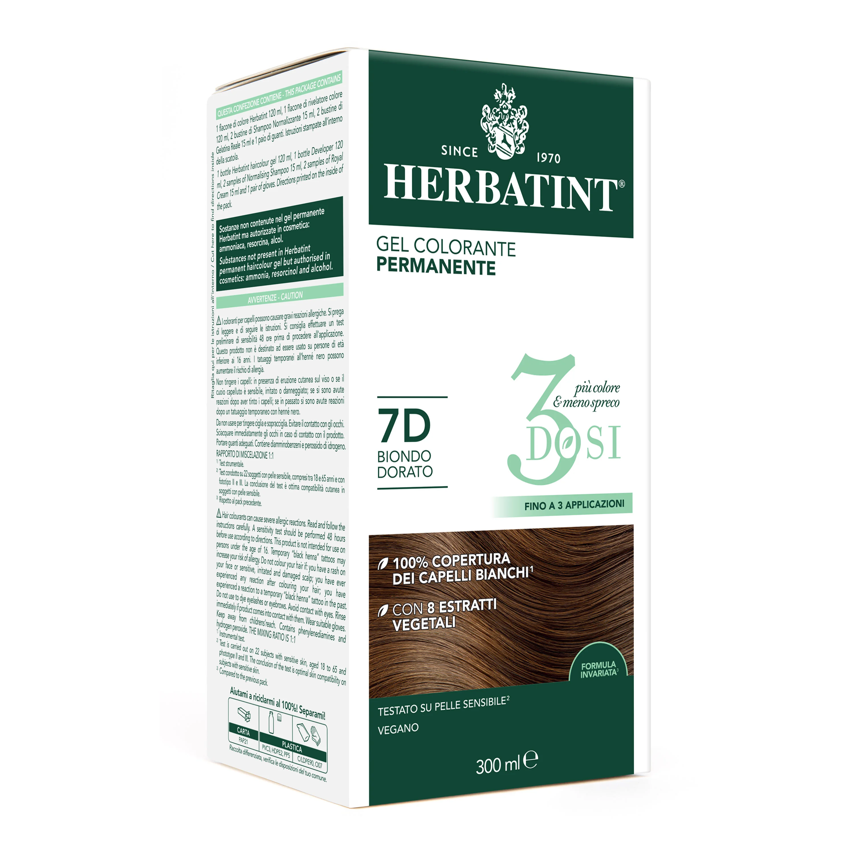 Herbatint Tintura Capelli Gel Permanente 3Dosi 7D Biondo Dorato 300 ml 