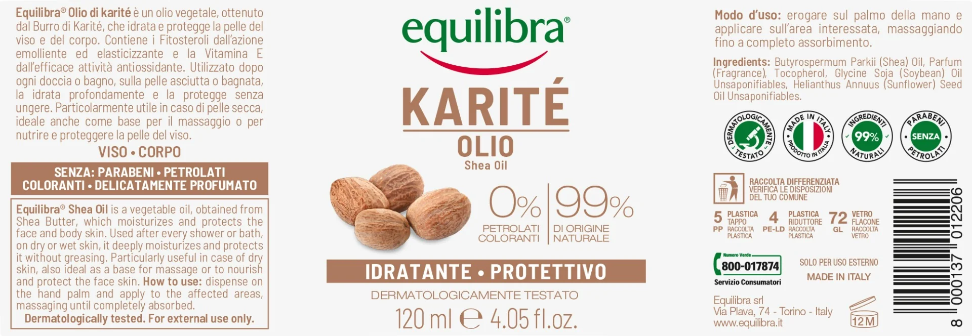 Equilibra Karite' Olio 120 Ml Idratante