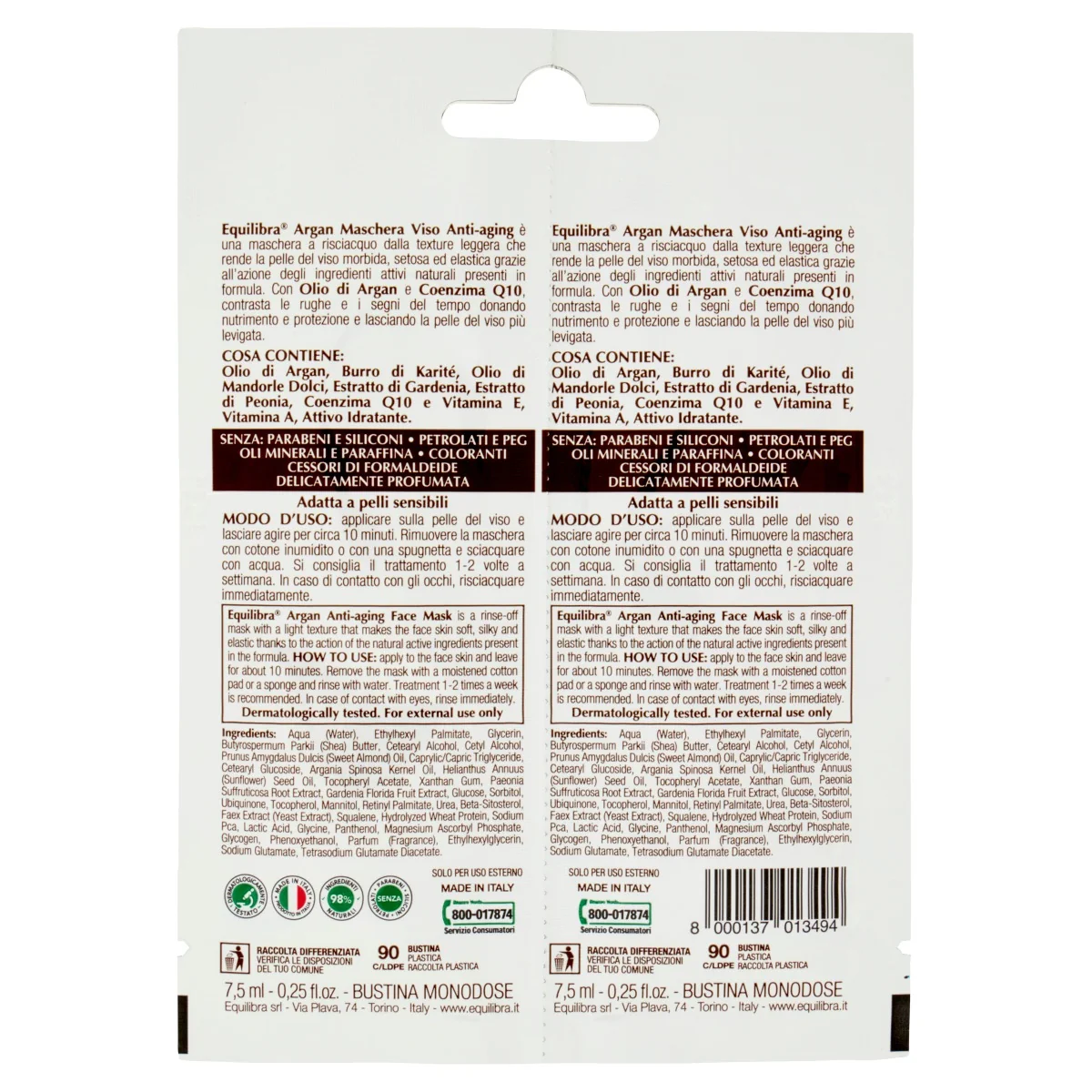 Equilibra Argan Maschera Viso Antiage 2x7,5 Ml Benessere Cutaneo