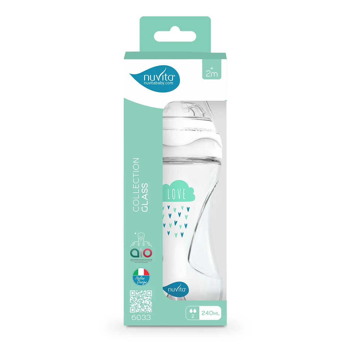 Nuvita Collection Glass Biberon Vetro Con Valvola Riduci Coliche 240 ml, Bianco