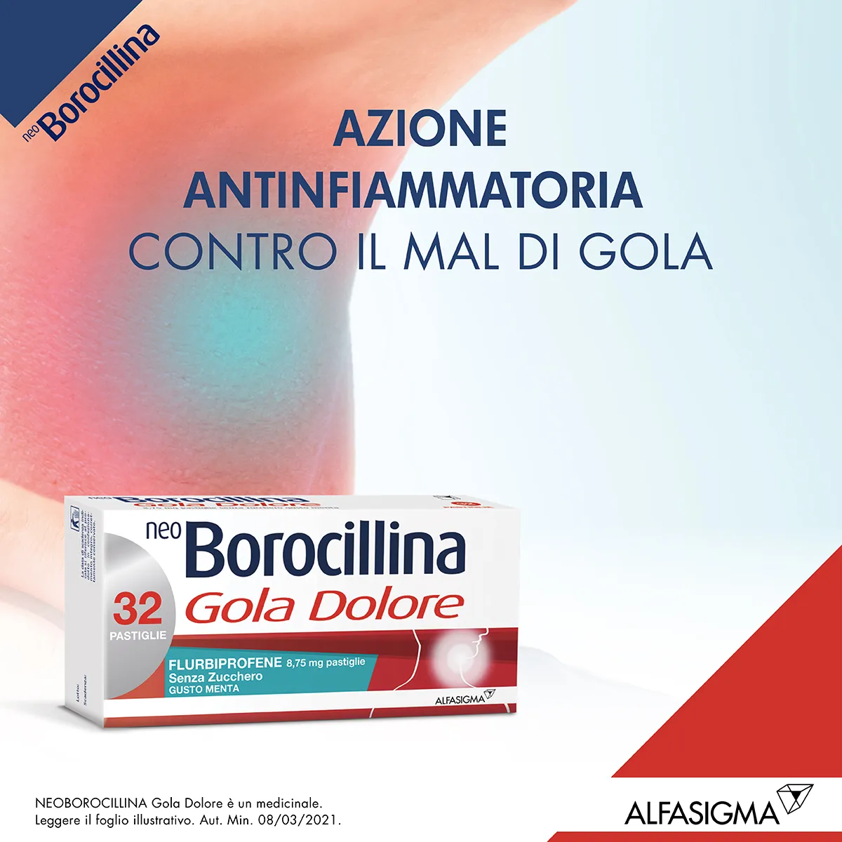 Neo Borocillina Gola Dolore 8,75 mg Menta Senza Zucchero 32 Pastiglie Dolore e Infiammazione alla Gola