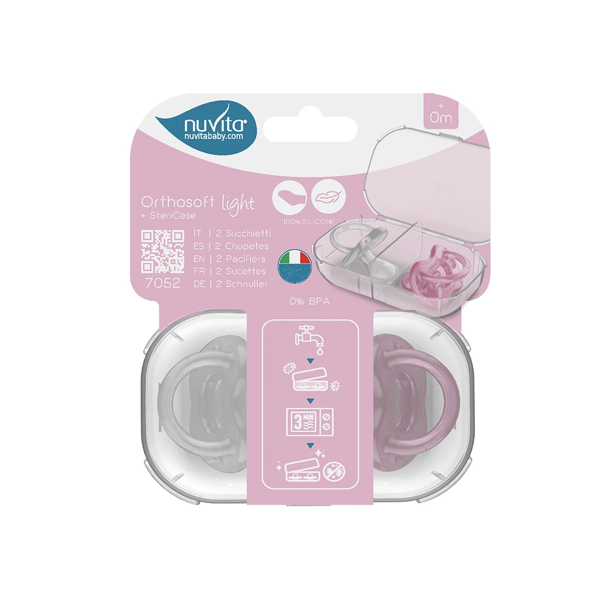 Nuvita Orthosoft Light 2 Succhietti in Silicone con Tettarella Ortodontica Rosa 0M+