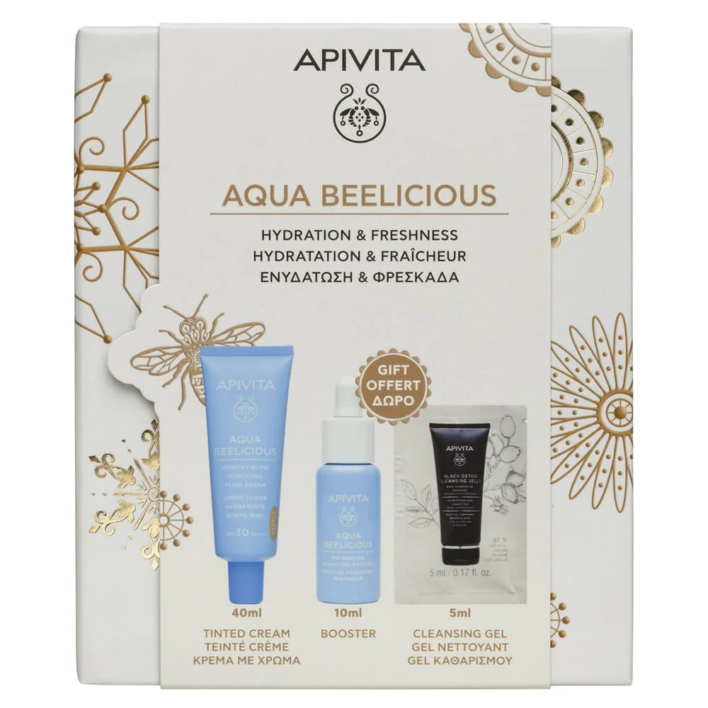 Apivita Aqua Beelicious Cofanetto 2025 Crema Fluida Idratante Tinted + Booster Idratante Rinfrescante + Gel Detergente Nero - Viso & Occhi