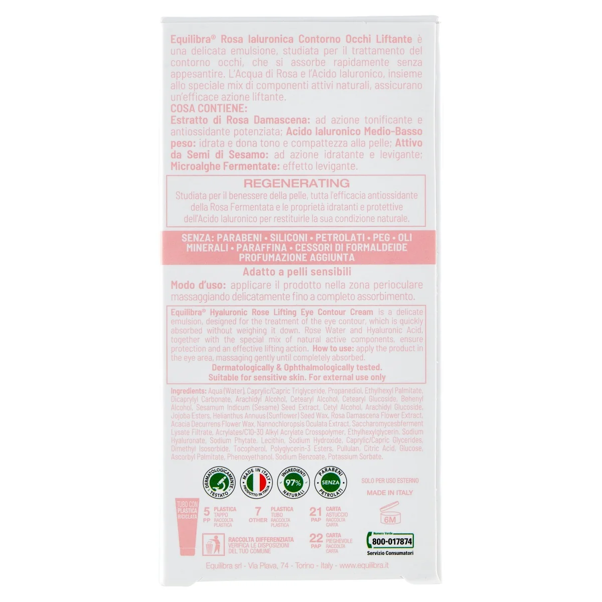 Equilibra Rosa Ialuronica Contorno Occhi Liftante 15 Ml Emulsione Liftante
