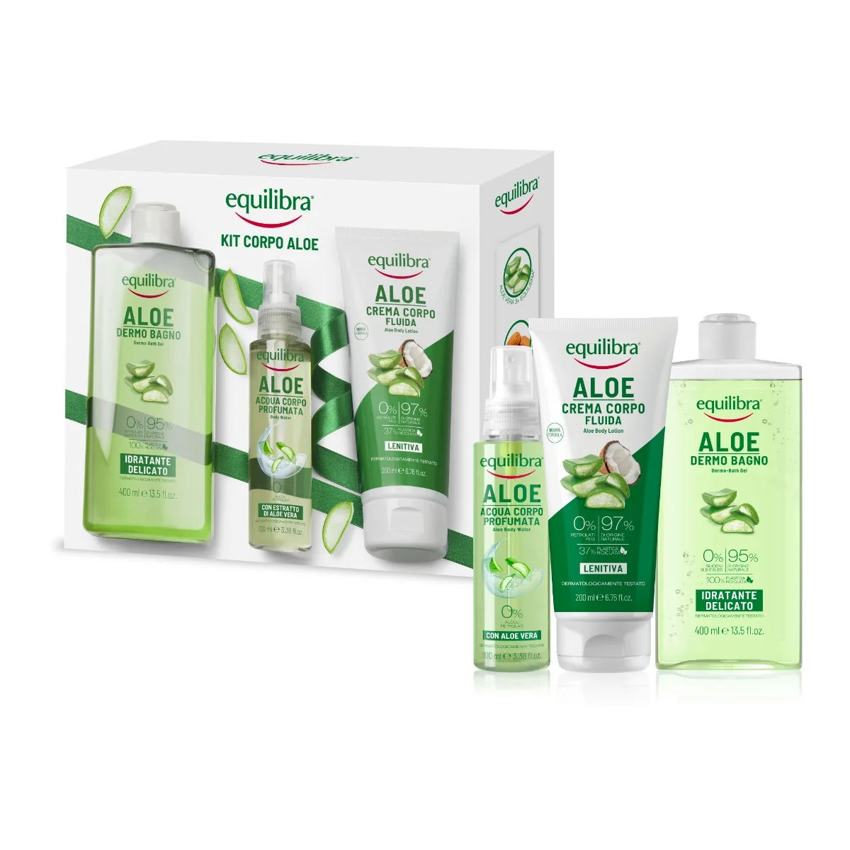 Equilibra Corpo Kit Aloe Dermo Bagno Idratante 400 ml + Acqua Corpo Profumata 100 ml + Crema Corpo Lenitiva 200 ml