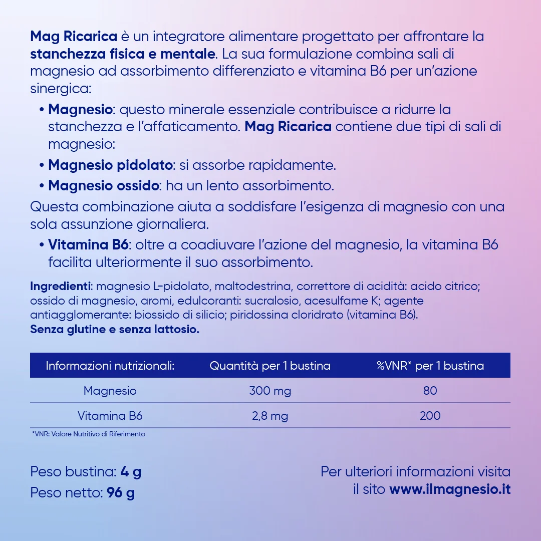 Mag Ricarica 24 Ore 24 Bustine da 4g Integratore per la stanchezza fisica e mentale