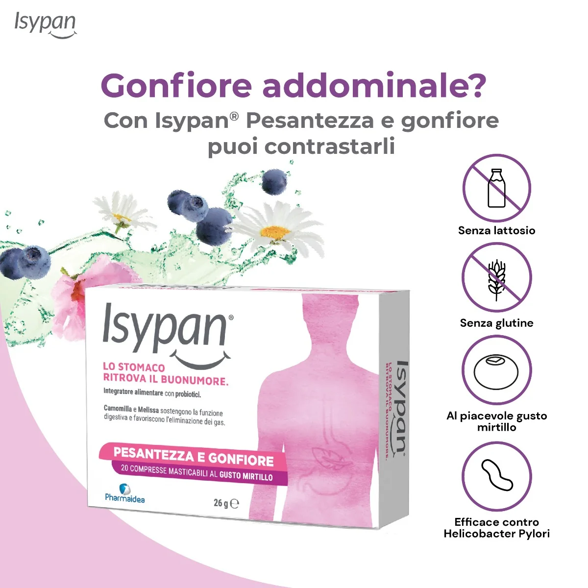 Isypan® Pesantezza E Gonfiore 20 Compresse Masticabili Prodotto per Gonfiore