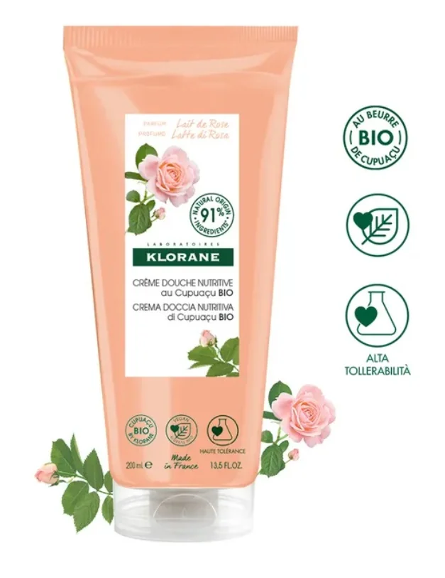 Klorane Crema Doccia Distensivo Latte di Rosa 200 ml Pelle Secca e Molto Secca