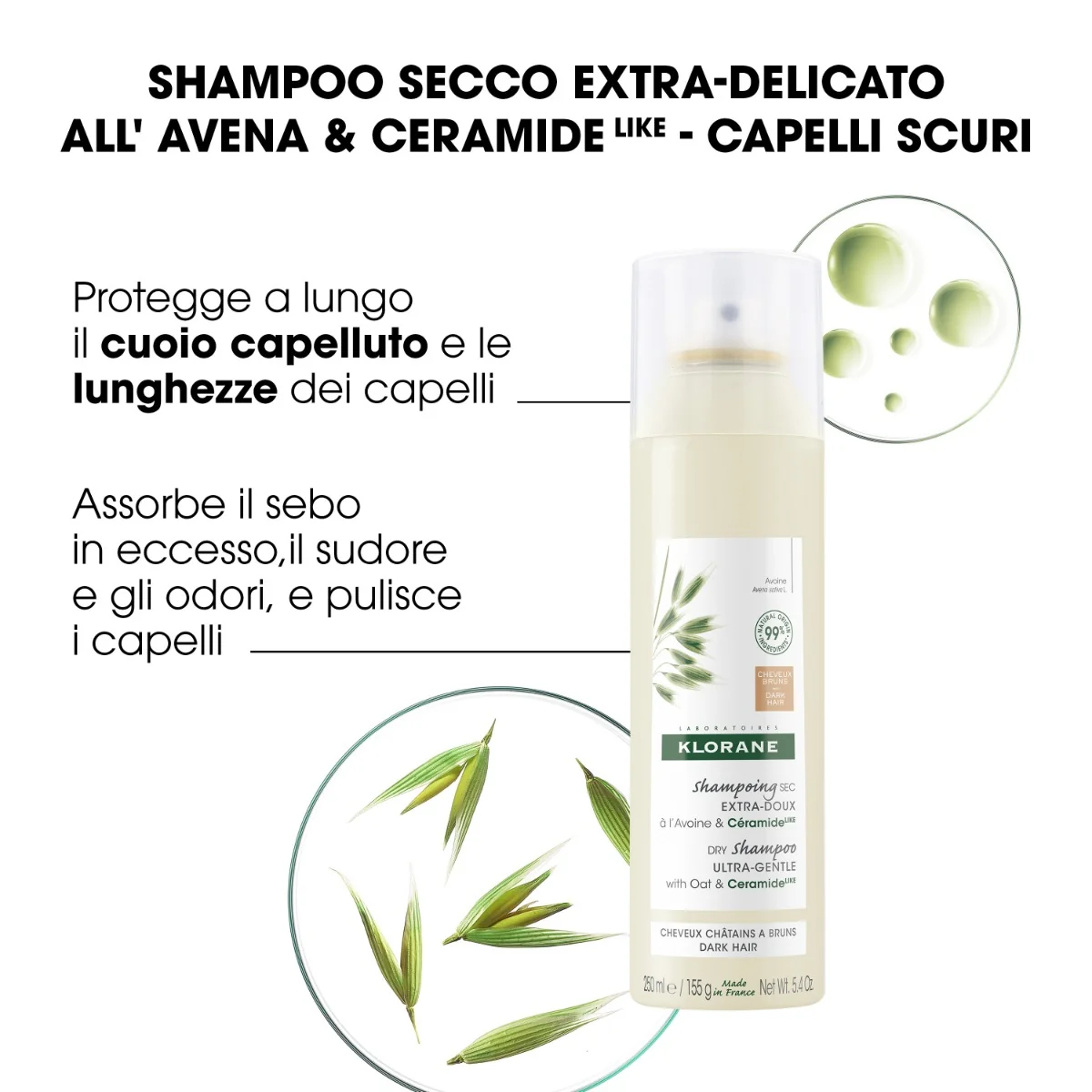 Klorane Shampoo secco Avena & Ceramide Capelli Scuri 150 ml Detersione senza acqua