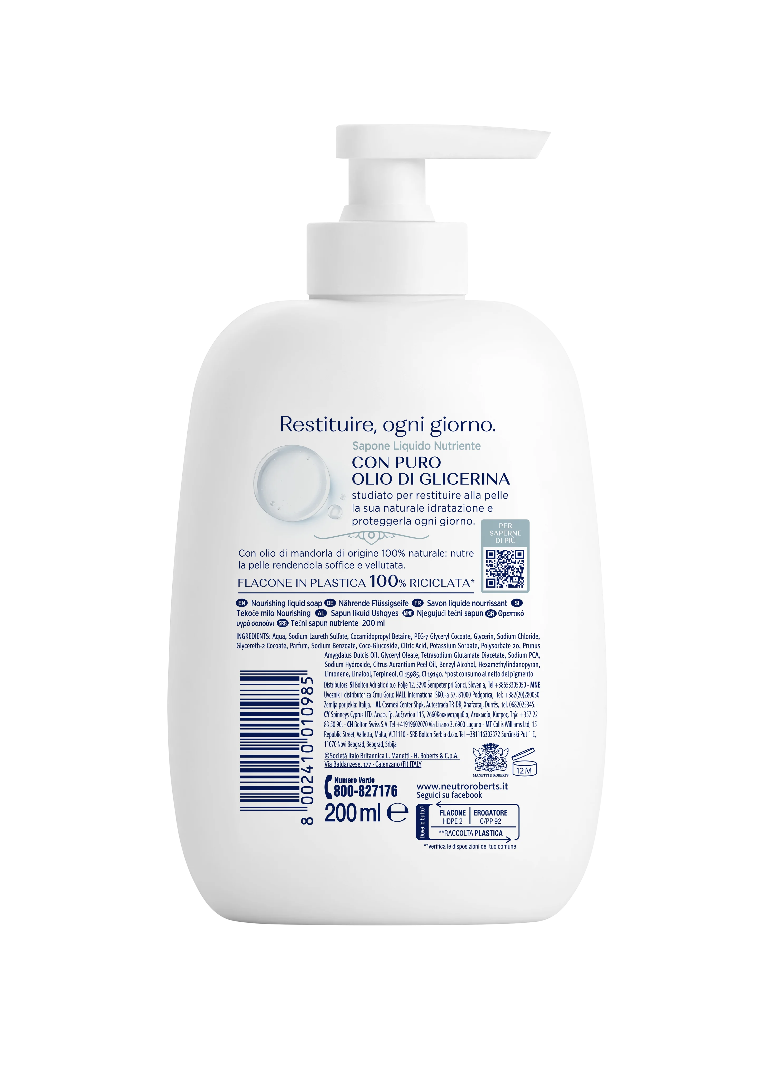 Neutro Roberts Sapone Liquido Nutriente 200 ml Pelle Soffice e Vellutata