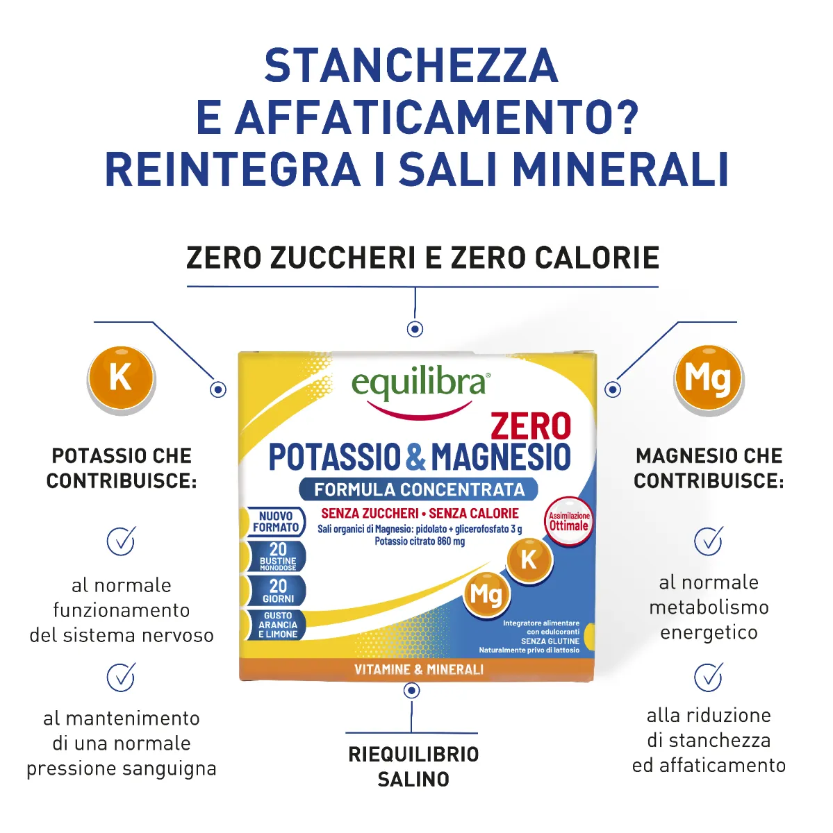 Equilibra Potassio&Magnesio Zero 20 Bustine Senza Zuccheri Senza Calorie