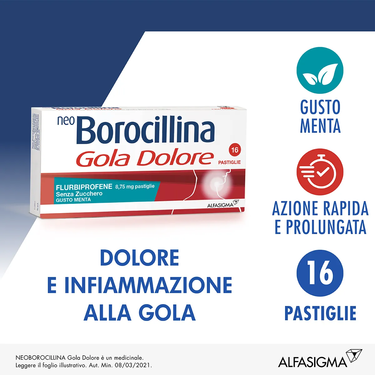 Neo Borocillina Gola Dolore 8,75 mg Menta Senza Zucchero 16 Pastiglie Dolore e Infiammazione alla Gola