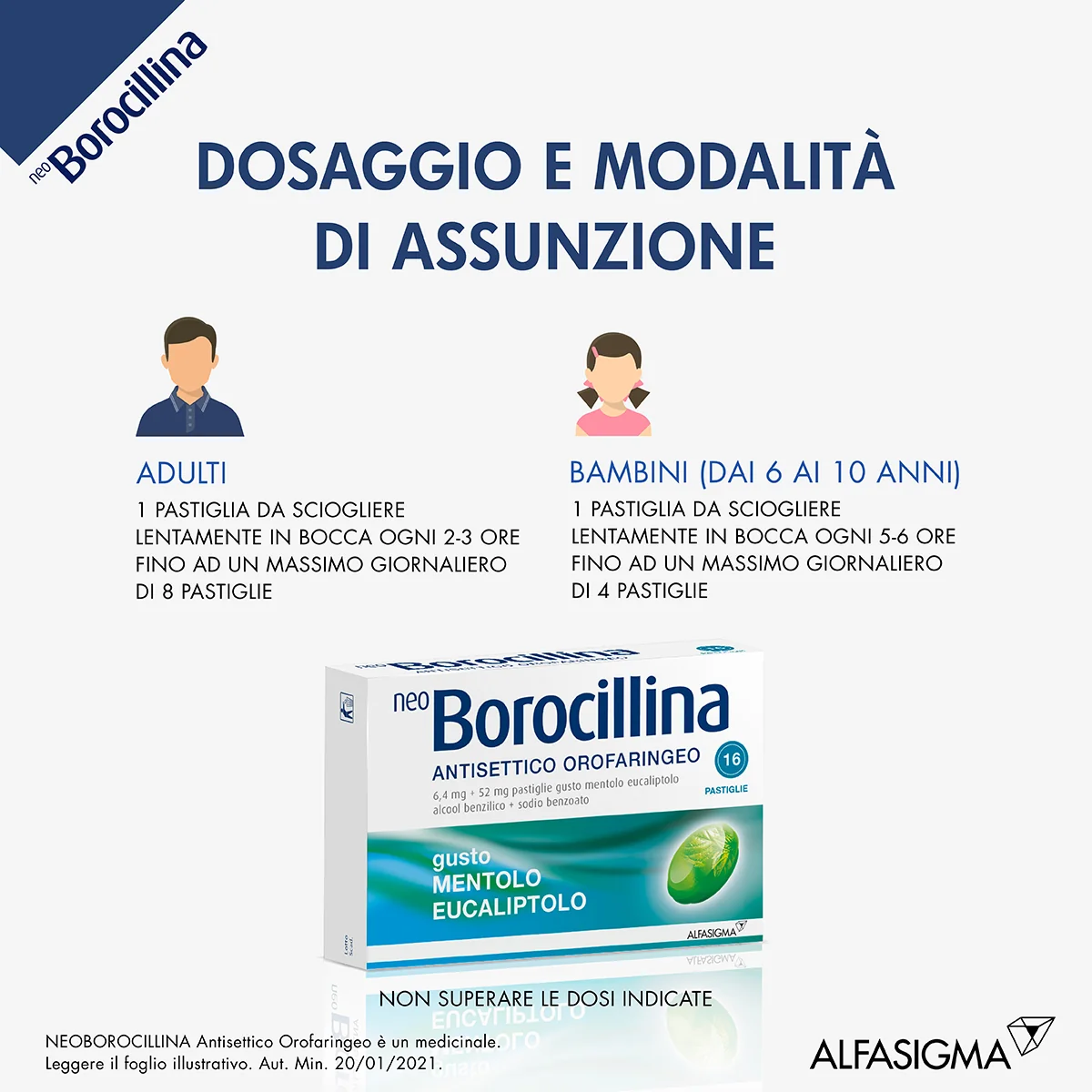Neo Borocillina 6,4+52 mg Gusto Mentolo Eucaliptolo 16 Pastiglie Antisettico Orofaringeo