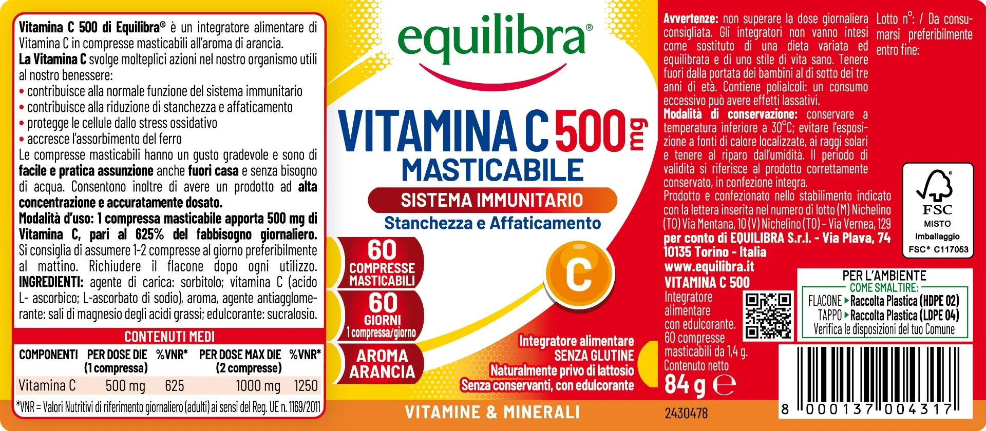 Equilibra Vitamina C 500 mg 60 Compresse Masticabili Integratore per Sistema Immunitario
