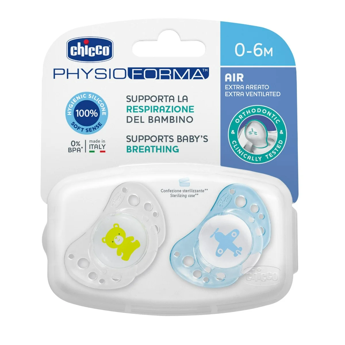Chicco Succhietto Air Boy Silicone 0-6 m 2 Pezzi Accessori neonato