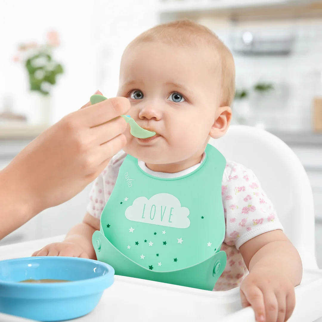 Bavaglini Arrotolabili In Silicone Blu/Green Con tasca raccogli-briciole