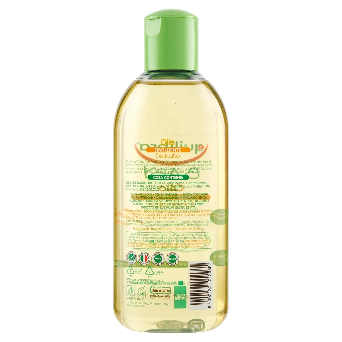 Equilibra Olio Naturale Emolliente Baby 200 Ml con Olio di Mandorle Dolci