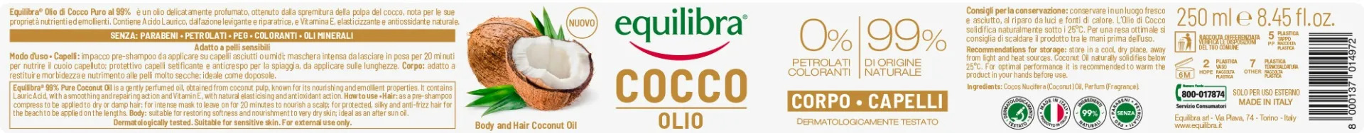 Equilibra Olio di Cocco 99% 250 Ml Nutriente Corpo e Capelli