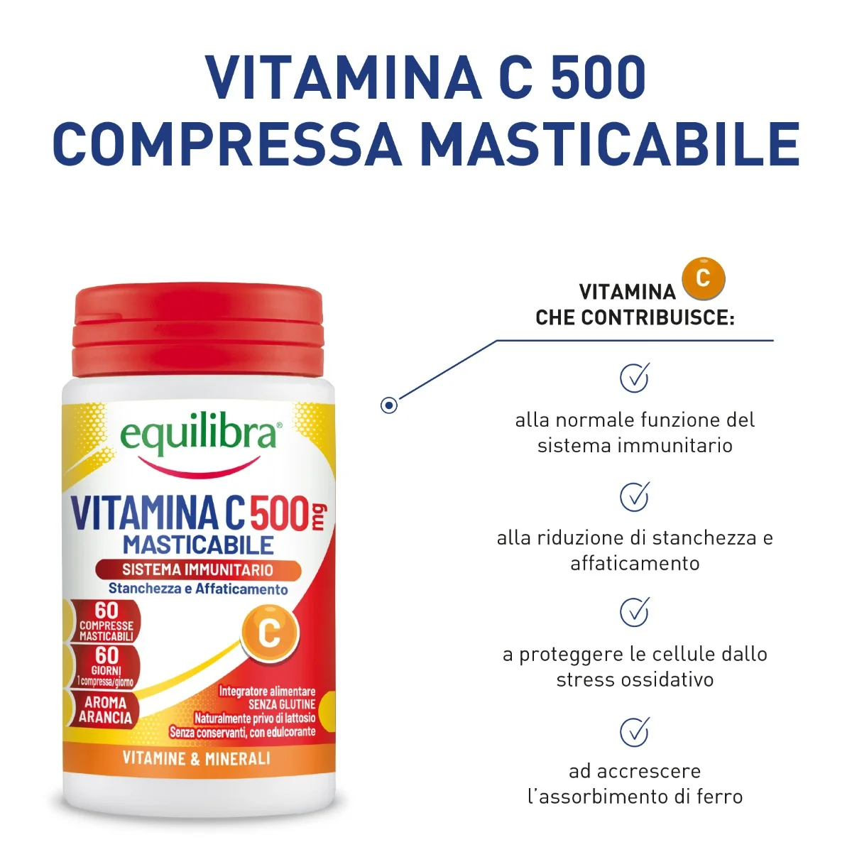 Equilibra Vitamina C 500 mg 60 Compresse Masticabili Integratore per Sistema Immunitario
