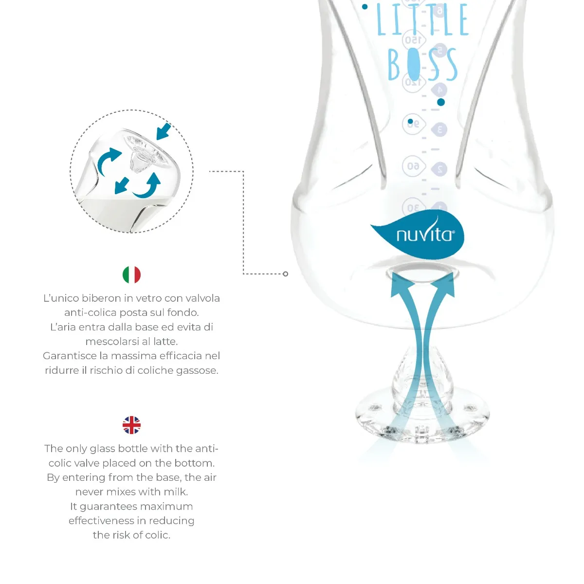 Nuvita Collection Glass Biberon Vetro Bianco 140 ml Con Valvola Riduci Coliche