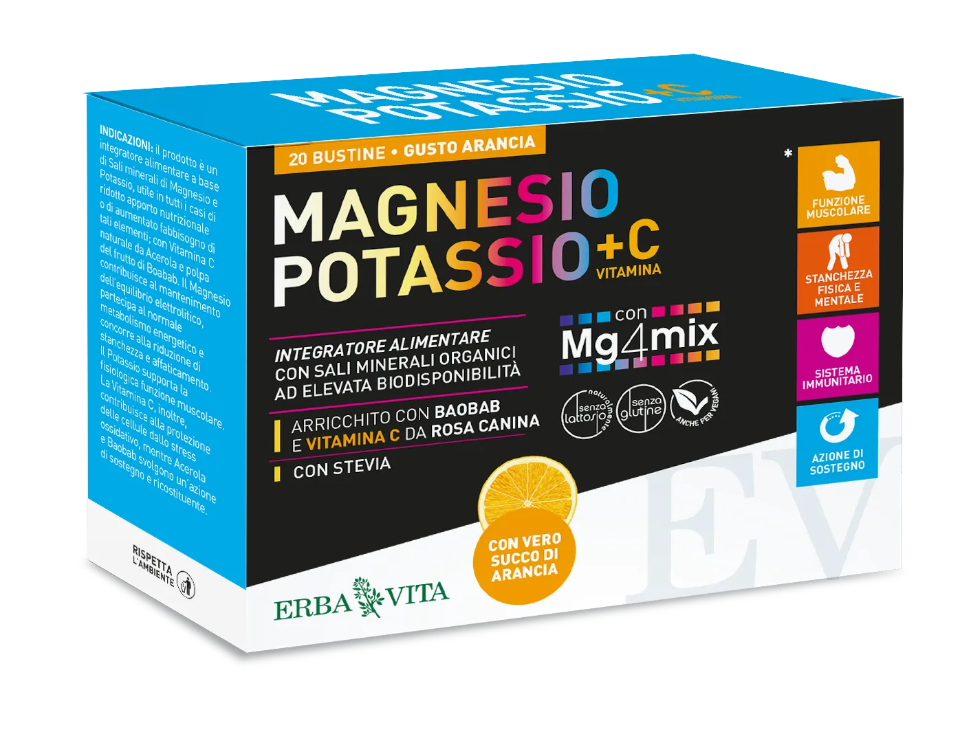 Erba Vita Magnesio e Potassio + Vitamina C Integratore Gusto Arancio 20 Bustine 