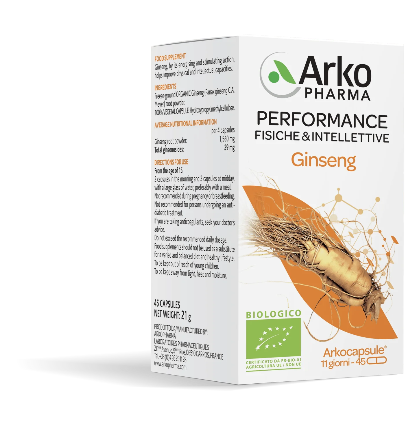 Arkopharma Arkocapsule Ginseng Bio 45 capsule Tonico per stanchezza fisica e mentale