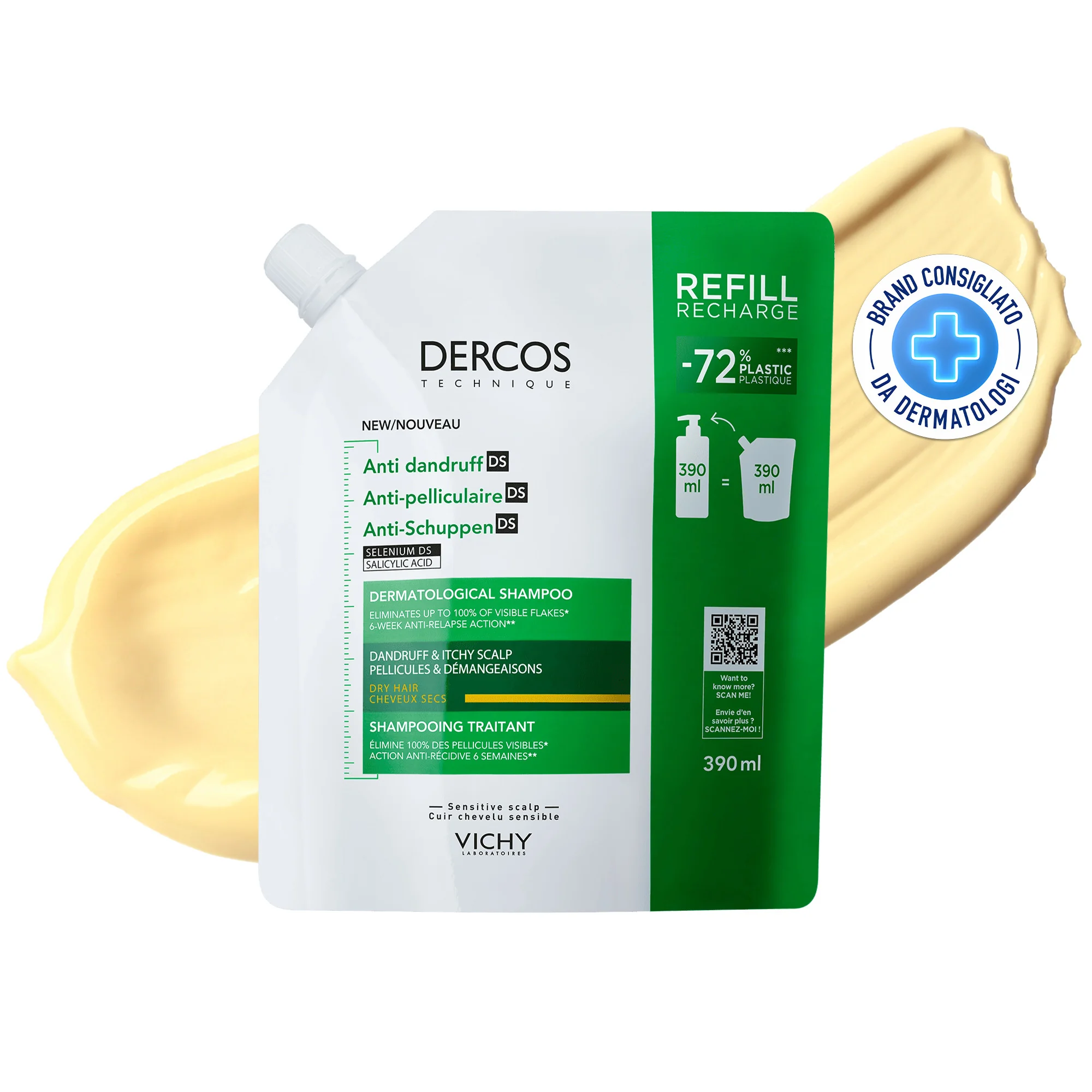 Dercos Technique Shampoo Antiforfora Ds Grassi Refill 390 Ml Specifico per i  Capelli da Normali a Grassi