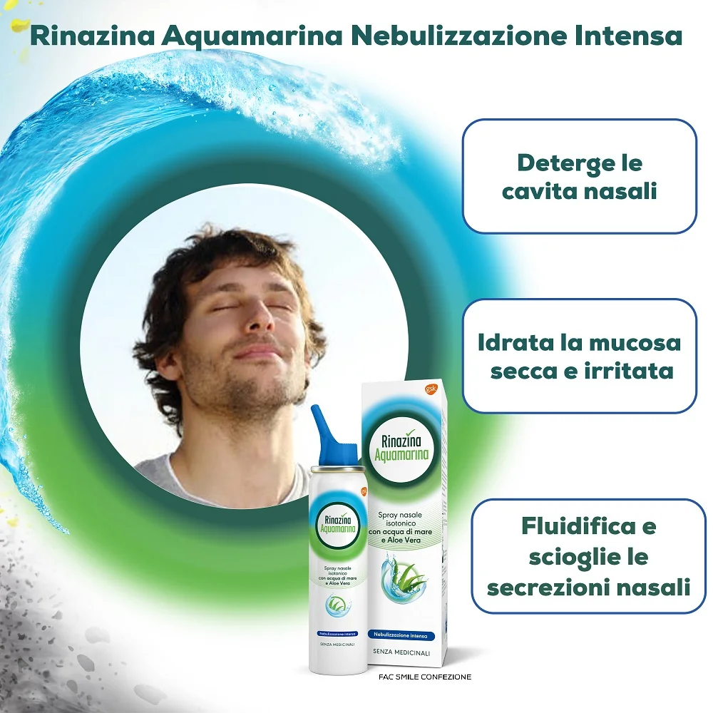 Rinazina Aquamarina Spray Nasale Isotonico Intenso 100 ml Con Aloe Vera