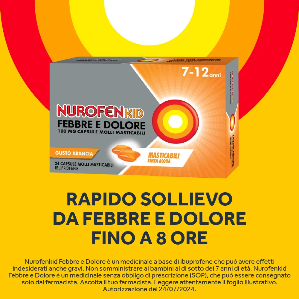 NurofenKid Febbre e Dolore 100 mg Ibuprofene 24 Capsule Molli Masticabili Ibuprofene