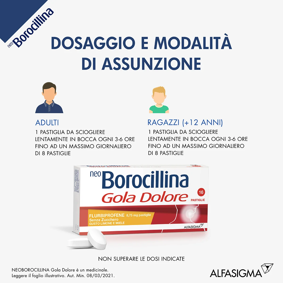 Neo Borocillina Gola Dolore 8,75 mg Limone e Miele 16 Pastiglie Senza Zucchero