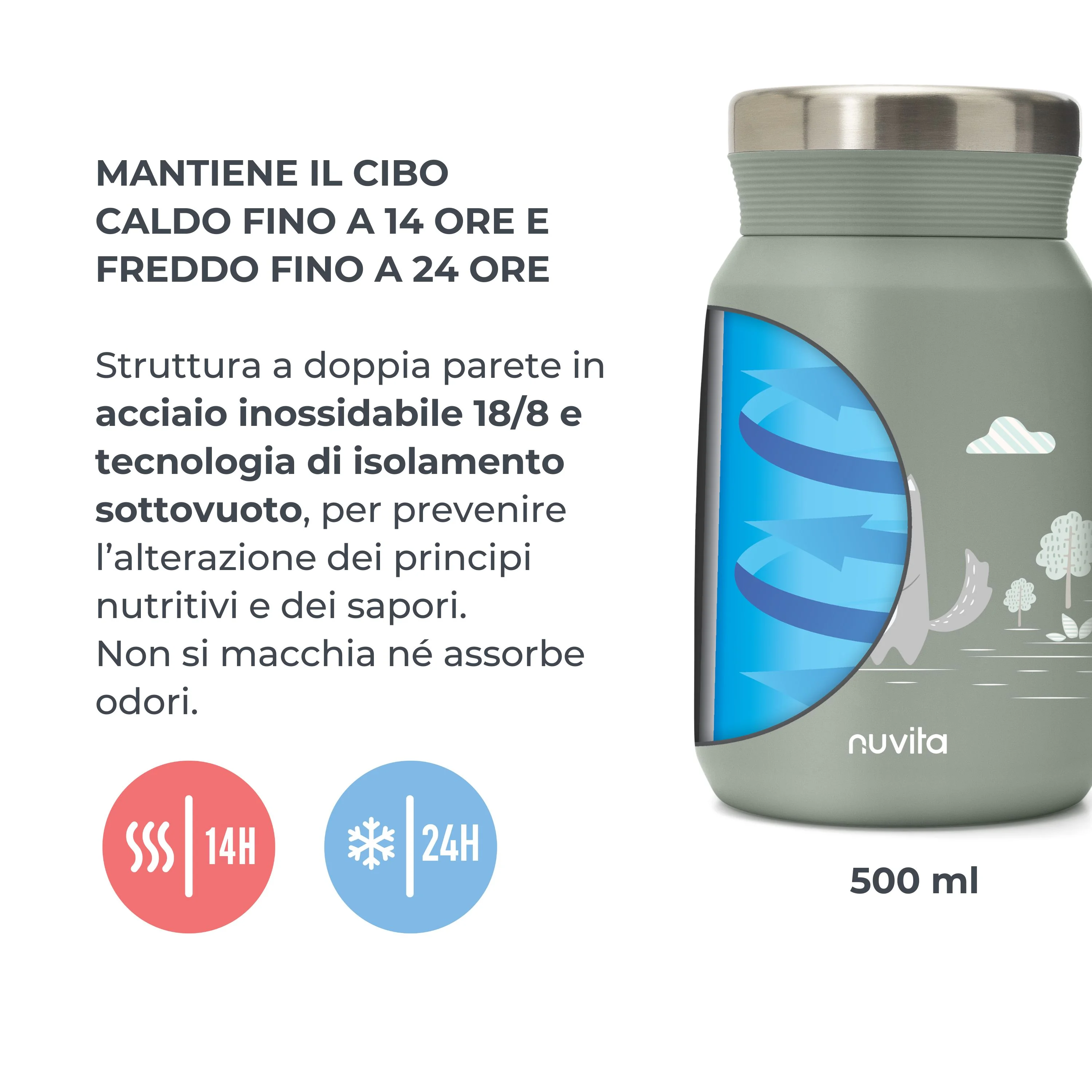 Nuvita Contenitore Termico in Acciaio Inox per Cibi liquidi e Solidi 500Ml Sage Green Contenitore Isotermico