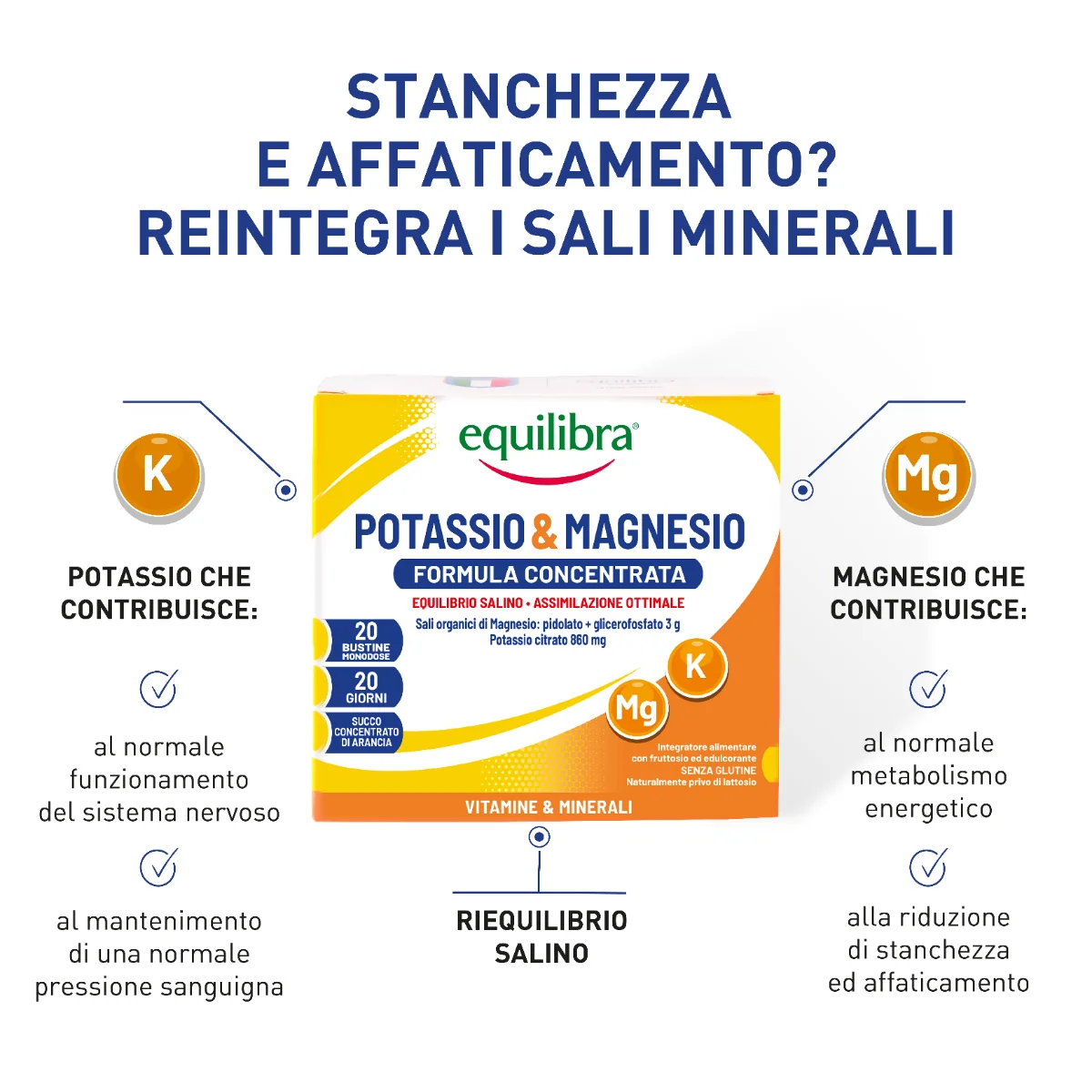 Equilibra Potassio & Magnesio Formula Concentrata 20 Bustine Integratore contro Stanchezza e Affaticamento