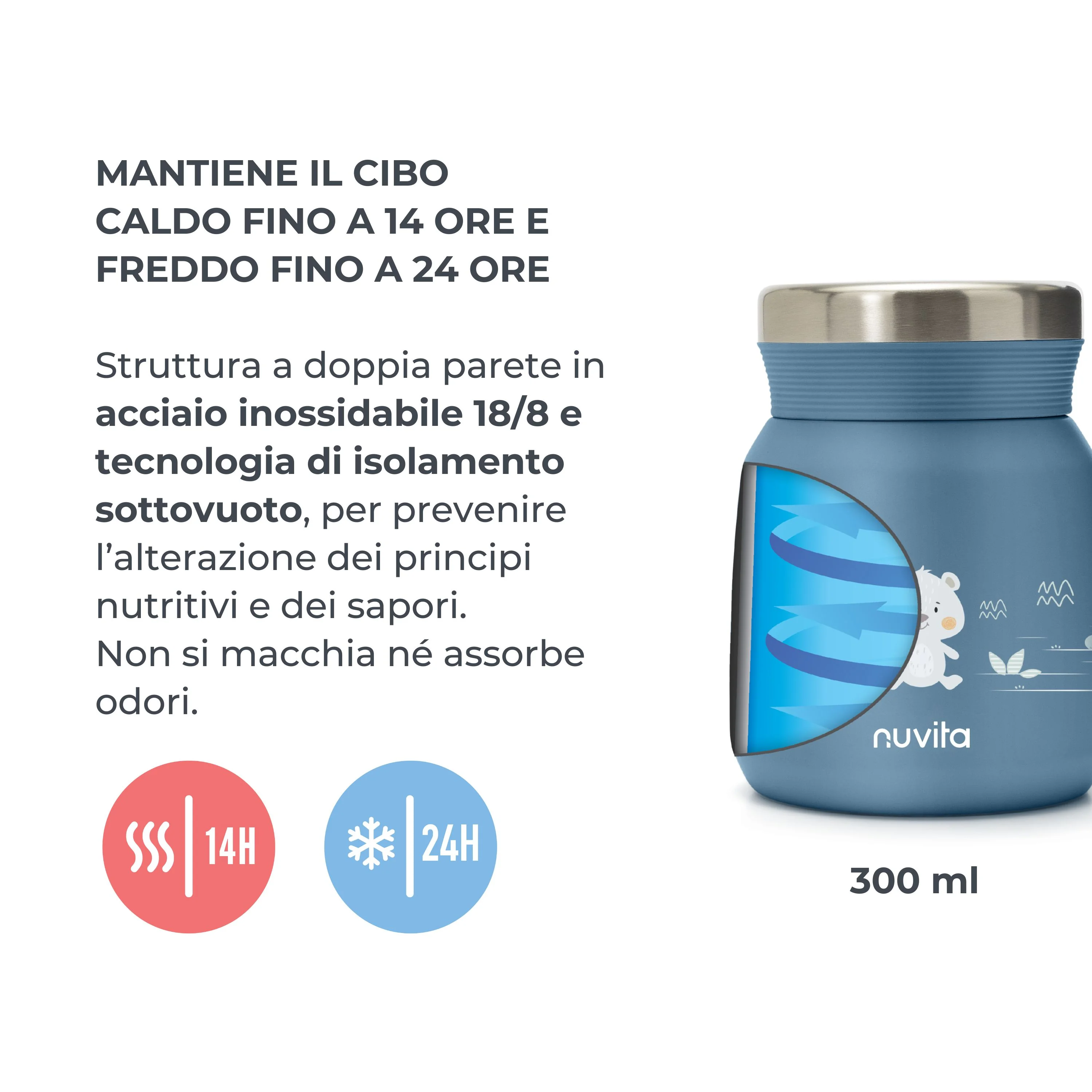 Nuvita Contenitore Termico Acciaio Inox Cibi Liquidi/Solidi Blu 300 ml Chiusura Ermetica per Pappe e Brodo