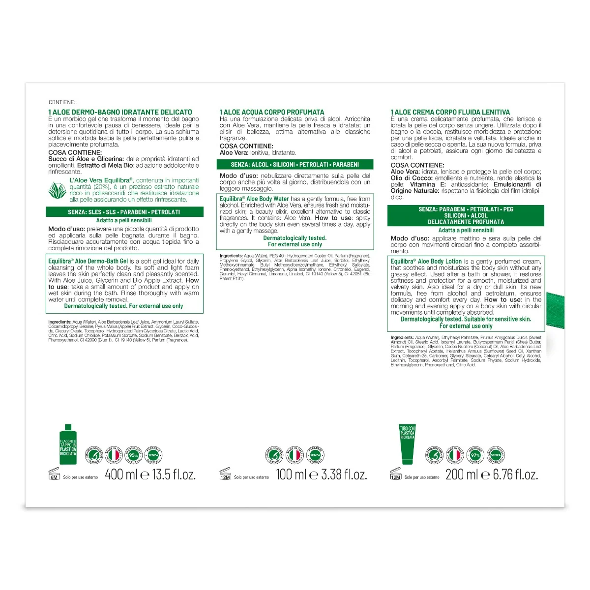 Equilibra Corpo Kit Aloe Dermo Bagno Idratante 400 ml + Acqua Corpo Profumata 100 ml + Crema Corpo Lenitiva 200 ml