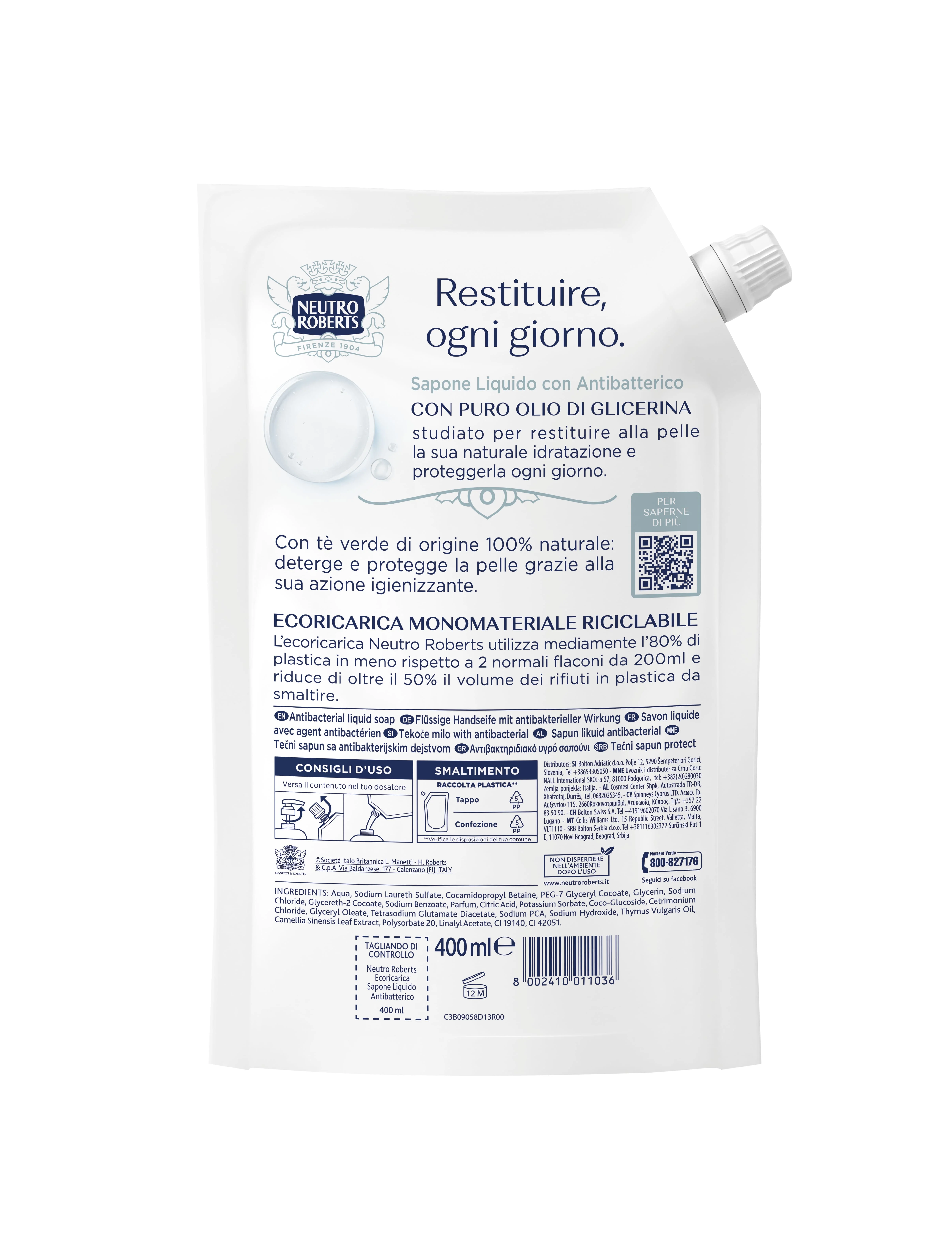 Neutro Roberts Sapone Liquido Antibatterico 400 ml Con Tè Verde 100% di Origine Naturale