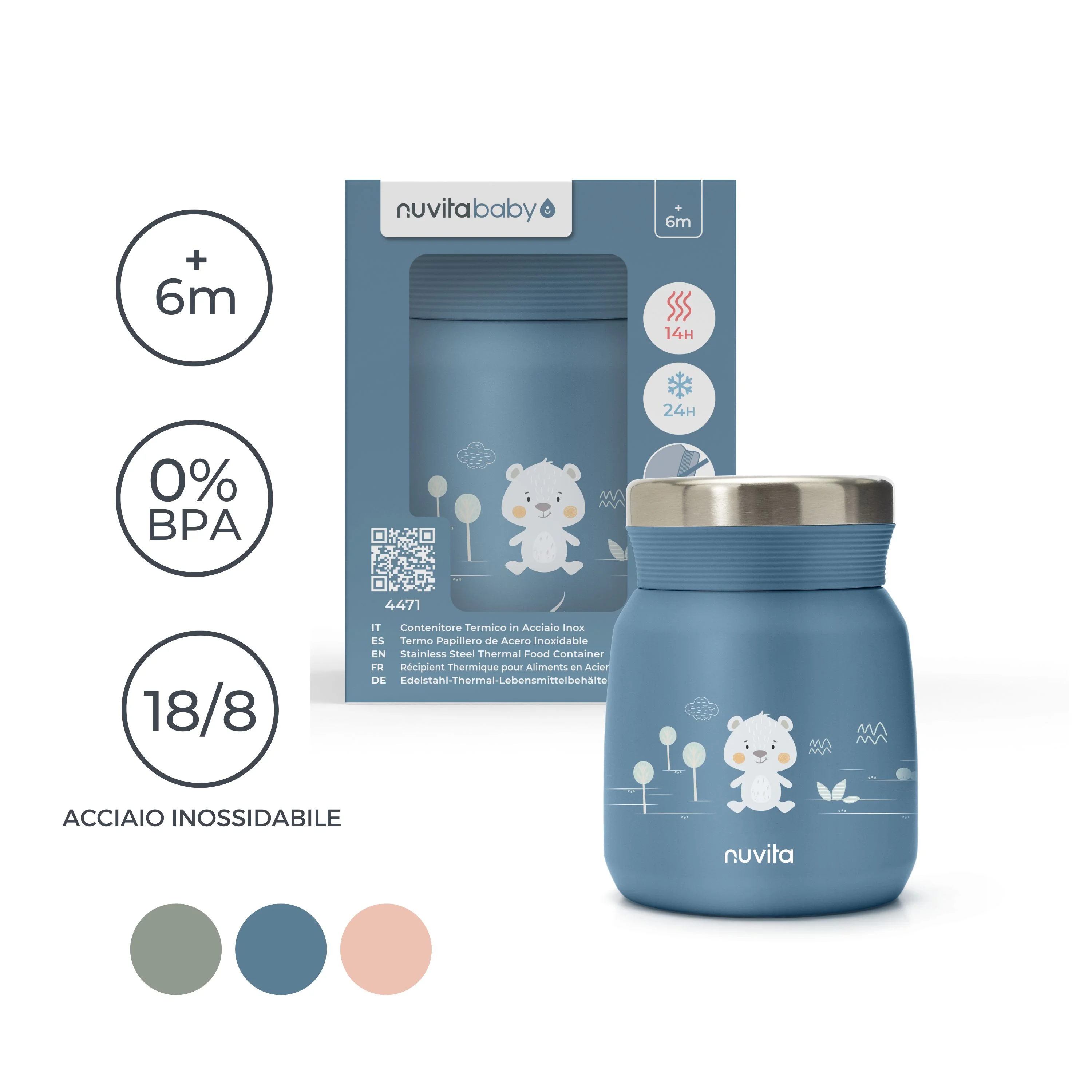 Nuvita Contenitore Termico Acciaio Inox Cibi Liquidi/Solidi Blu 300 ml Chiusura Ermetica per Pappe e Brodo