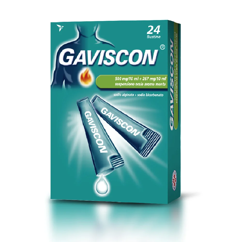 Gaviscon Sospensione Orale Aroma Menta 500 mg + 267 mg 24 Bustine Per Bruciore di Stomaco